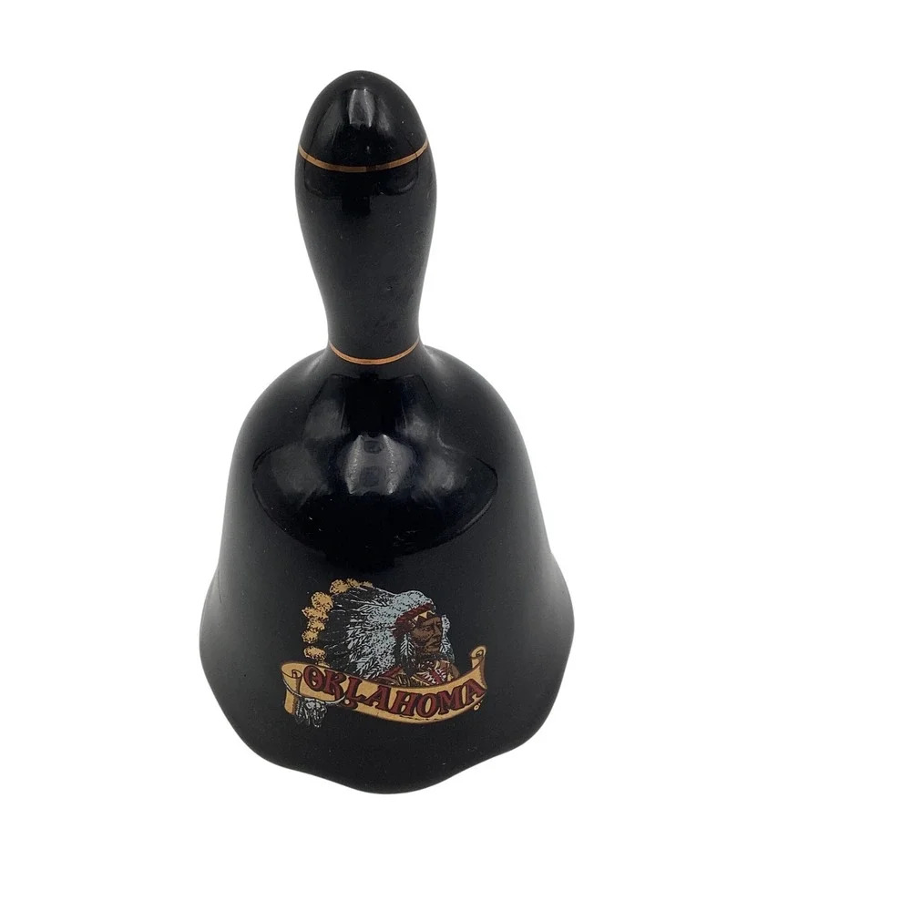 Vintage Oklahoma Souvenir Bell Black Ceramic‎ Native American Chief Collectible